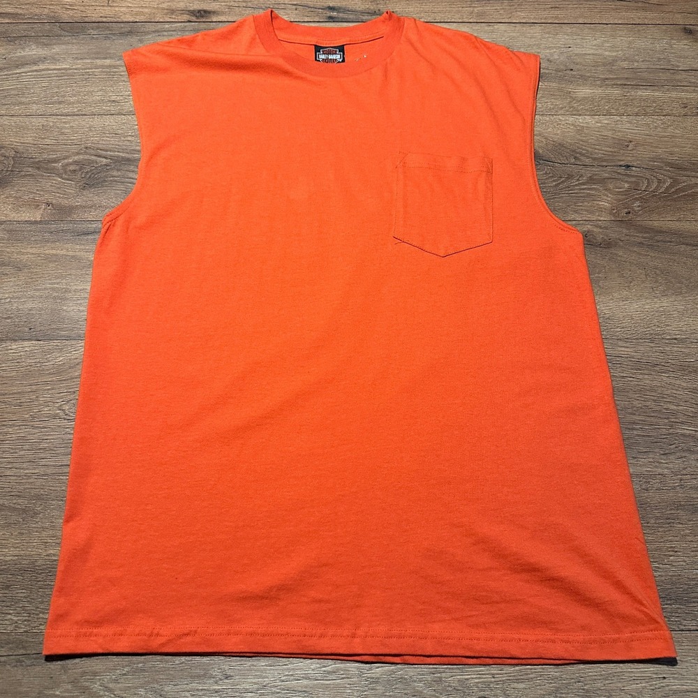 Harley Davidson Blank Orange Sleeveless Pocket‎ T-Shirt Men XL - Picture 2 of 6